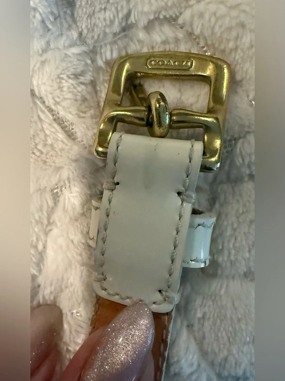 Coach White Patent Leather Vintage Skinny Belt Gold Stud Logo Accents sz S